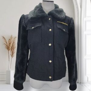 Vintage Y2K Rocawear Faux Fur Trim Jacket Size L Black Wool Collared Snap Front